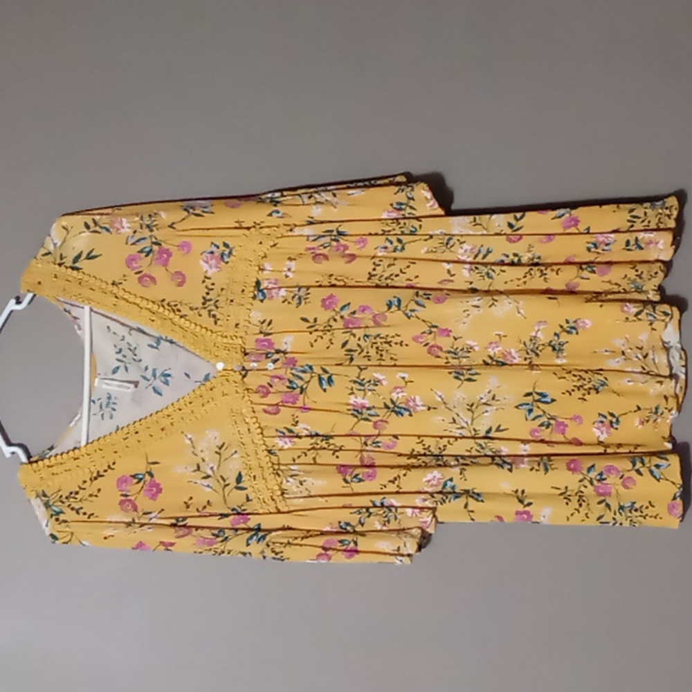 Mittoshop Open Arm Sleeve Yellow Flowered Oversized Blouse M